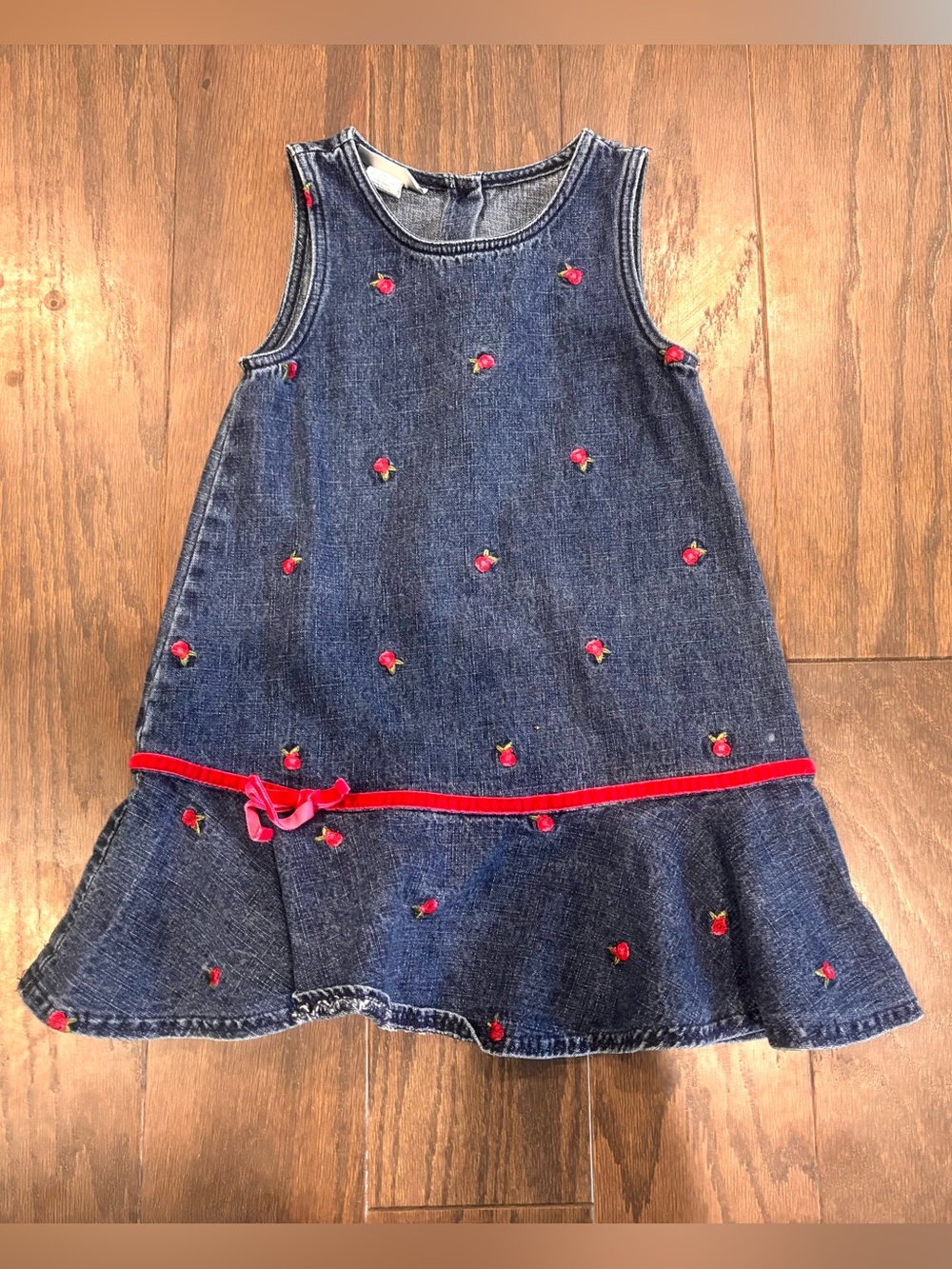 Vintage 90s Y2K Samantha Says Denim Embroidered Rosebuds Velvet Trim Dress- Sz 4